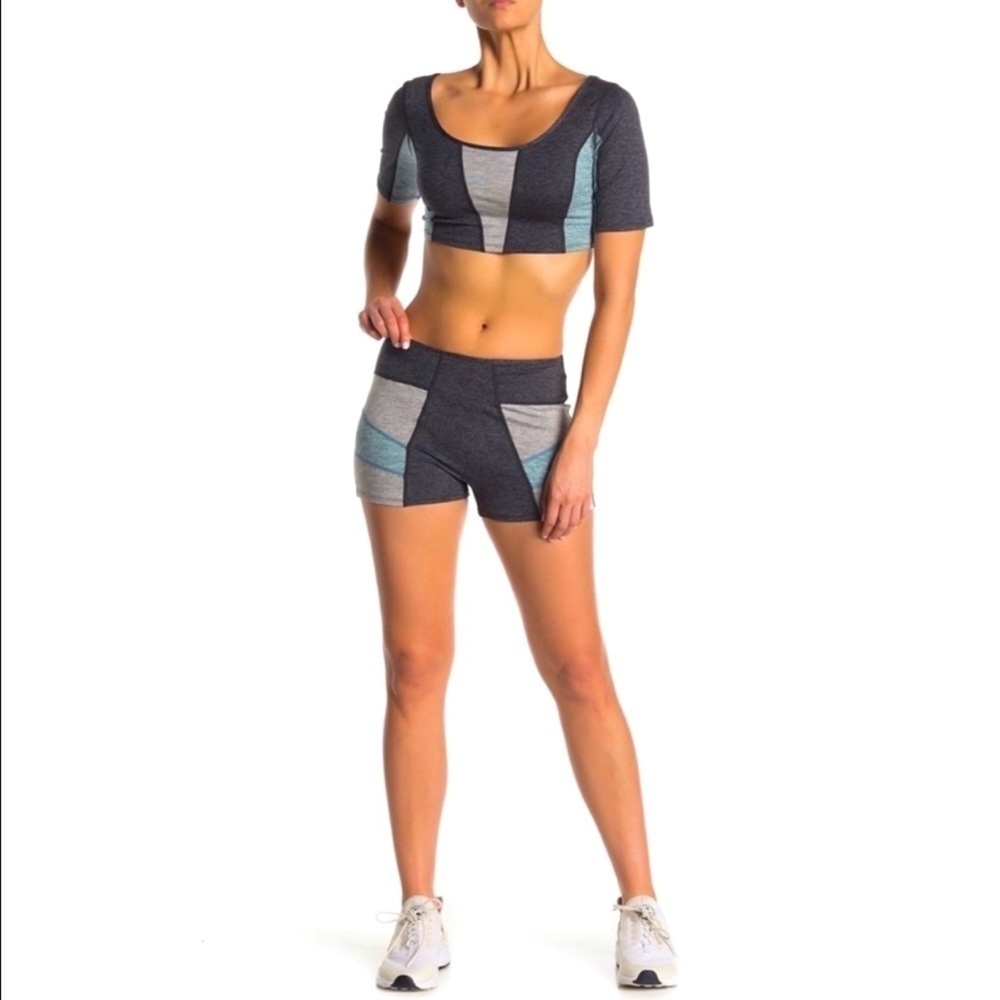 Nwt FP Movement Six Pack Shorts and Crop Top Set Charcoal Gray Blue Combo Size M